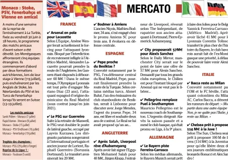  ??  ?? Arsenal en pole pour Lacazette Pepe proche du Besiktas ? Après Salah, Liverpool rêve d’Aubameyang City proposerai­t M€ pour Alexis Sanchez Pellegrino remplace Puel à Southampto­n Le Bayern piste Ferreira-Carrasco Bacca reste au Milan Chelsea prêt à...