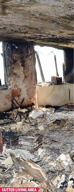  ?? GUTTED LIVING AREA ?? A resident’s home has been reduced to piles of burnt debris as the flames stripped the building back to its concrete shell