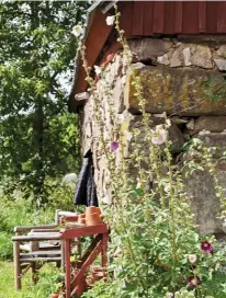  ??  ?? VERWUNSCHE­NER GARTEN Blühende Malven ranken sich an der alten Steinmauer entlang.