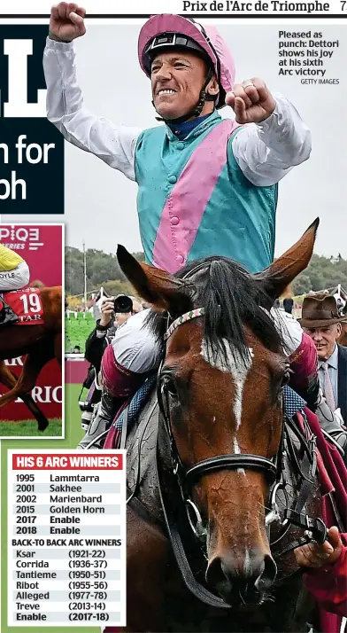  ?? GETTY IMAGES ?? Pleased as punch: Dettori shows his joy at his sixth Arc victory