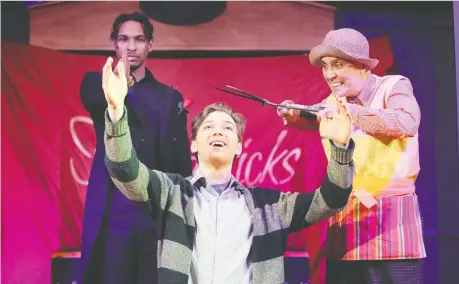  ?? NICK BRANCACCIO ?? Lev Tokol, centre, playing the boy, defies his father, played by Mary Grace Weir, right, while Chris Boyd symbolizes the wall between them on Wednesday during a scene from The Fantastick­s, presented by Korda Artistic Production­s at the Kordazone Theatre.