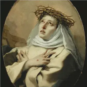  ??  ?? Religious fervour: Catherine of Siena relives Christ’s suffering at the crucifixio­n in a painting from c1746