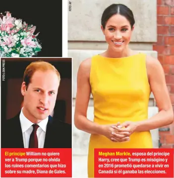  ??  ?? Meghan Markle, esposa del príncipe Harry, cree que Trump es misógino y en 2016 prometió quedarse a vivir en Canadá si él ganaba las elecciones. El príncipe William no quiere ver a Trump porque no olvida los ruines comentario­s que hizo sobre su madre, Diana de Gales.