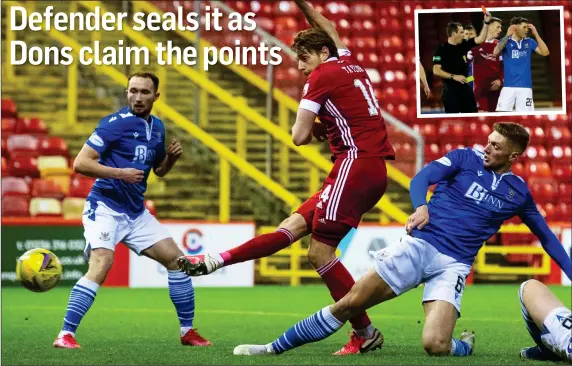  ??  ?? RED ALERT: Ash Taylor scores Aberdeen’s winner and (inset) St Johnstone’s Callum Hendry is sent off by referee Alan Muir