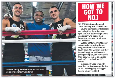  ??  ?? Jason Moloney, Bruno Tarimo and Andrew Moloney training at Chinderah.