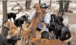  ?? LUIS ANDRES HENAO/AP ?? Rescued dogs flock to Ricardo Pimentel last week at his animal shelter.