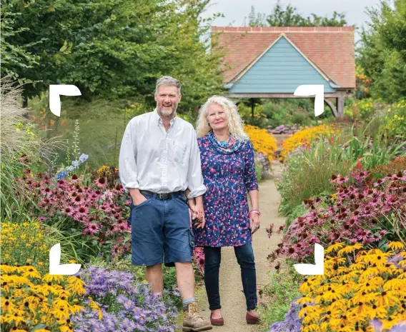  ?? ?? Pictured clockwise from left: Hand made pottery at Aston Pottery and Gardens; Jane and Stephen, owners of Aston Pottery and Gardens; Gardens in bloom at Aston Pottery and Gardens