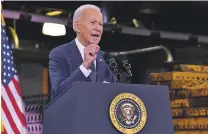  ?? EVAN VUCCI/ASSOCIATED PRESS ?? Speaking in Pittsburgh on Wednesday, President Joe Biden delivers a speech on infrastruc­ture spending, outlining a plan he says is a ‘once-in-a-generation investment in America.’