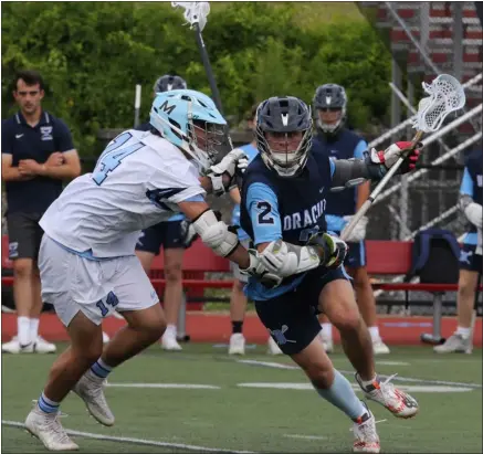  ?? JULIA MALAKIE — LOWELL SUN FILE PHOTO ?? Dracut High boys lacrosse star Brock Desmarais, right, tries to score against Medfield during a state tournament clash last June.