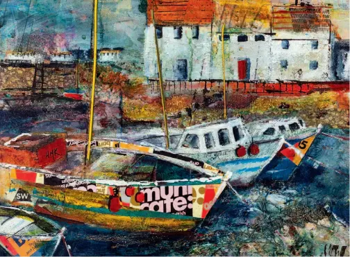  ?? ?? Moorings at Low Tide, mixed media on canvas, 15¾ 19¾in (40 50cm). I love painting harbours and boats: they are a great inspiratio­n to me and lend themselves perfectly to collage.
I find it exciting to spend time searching out various designs and torn-up words in my collage papers to create patterns, texture and interest on the boats, harbour walls and houses. In this particular piece, I used collage to suggest the texture of the harbour wall and torn text to decorate the boats