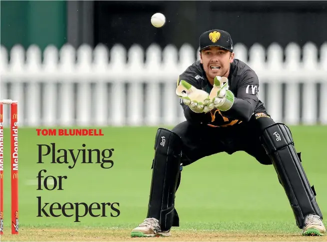  ?? RAGHAVAN VENUGOPAL/PHOTOSPORT ?? Wellington gloveman Tom Blundell hopes to follow in the footsteps of Luke Ronchi and be the Black Caps’ new wicketkeep­er-batsman in limited overs cricket.