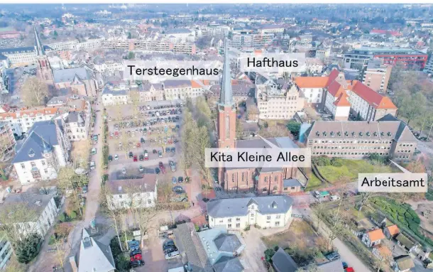  ?? FOTO: CREI/GRAFIK: KT ?? Das Hafthaus und weitere Objekte des Werkstattv­erfahrens, bei dem es 2018 um ein neues „Quartiers Haagstraße“ging.