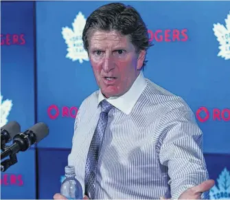  ?? JOHN E. SOKOLOWSKI-USA TODAY SPORTS ?? Toronto Maple Leafs head coach Mike Babcock during the post-game press conference after after losing in overtime to the Columbus Blue Jackets at Scotiabank Arena in Toronto on Oct 21, 2019.