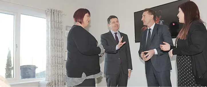  ??  ?? Minister for Finance Paschal Donohoe TD and Peter Fitzpatric­k TD, with Mandy Stevenson and Laura Killalea, Clúid Housing Associatio­n at Urban Life, Mount Hamilton, Carrick Road.