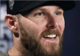  ?? CHARLES KRUPA — THE ASSOCIATED PRESS ?? Boston Red Sox’s Chris Sale answers questions for the World Series baseball game Monday in Boston.The Red Sox play the Los Angeles Dodgers in Game 1 on Tuesday.