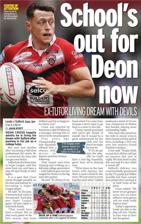  ?? ?? CENTRE OF ATTENTION Deon Cross is loving life as a full-time player for Red Devils
I’m happy and never want to go back to a nine-to-five job
DEVIL OF A TIME Salford players celebrate after a try against St Helens