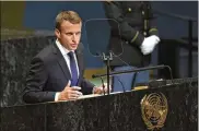  ?? CHANG W. LEE / THE NEW YORK TIMES ?? French President Emmanuel Macron addresses the U.N. General Assembly in New York on Sept. 25. As his poll numbers drop, he vows more benefits for middle- and lowincome earners.