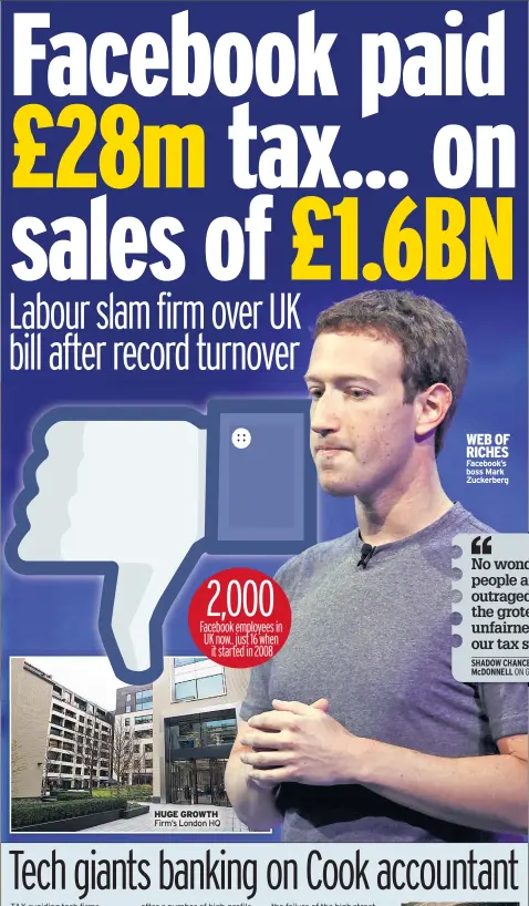  ??  ?? HUGE GROWTH Firm’s London HQ WEB OF RICHES Facebook’s boss Mark Zuckerberg