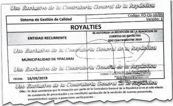  ??  ?? Facsímil de la rendición de cuentas de royalties por el municipio de Ypacaraí, cuyo intendente es Fernando Negrete (PLRA, efrainista). Fue presentado un día después del cierre del plazo.