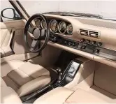  ?? ?? Left and above: Turbo Study is a stunning blend of 930 and 964 generation­s, comprehens­ively reworked by Singer; note ‘shark fin’ side graphic repurposed to provide engine cooling. Interior is Singer’s most luxurious yet, suggesting a car built for touring in the grand style