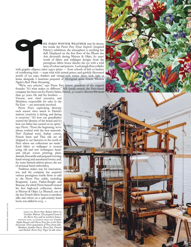  ??  ?? from top: Pierre Frey ‘Balata’ fabric by Caroline Watson. The jacquard loom at the Pierre Frey mill in northern France. opposite page, clockwise from top: Curator Sophie Rouart with Pierre Frey Jnr in the Paris showroom. Three generation­s of Frey (from...