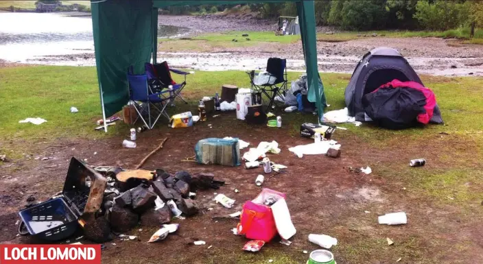  ??  ?? Abandoned: This trash-strewn campsite was seen in Loch Lomond and Trossachs National Park, even though wild camping is banned