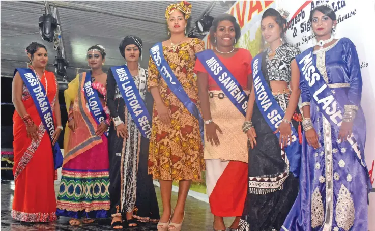  ?? Photo: WAISEA NASOKIA, ?? From left, Miss Drasa Sector Nitika Prasad, Miss Lovu Sector Aishwarya Goundar, Miss lautoka Sector Shafika Bibi, Miss City Sector Seini Vukivuki, Miss Saweni Sector Liliviwa Vakavoli, Miss Natova Sector Parmisma Devi and Miss Laser Electrical Rukshar...