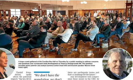  ??  ?? A large crowd gathered at the Caroline Bay Hall on Thursday for a public meeting to address concerns and questions over a proposed retail developmen­t at Timaru’s Showground­s Hill. The speakers included senior planner and analyst Gemma Conlon (inset left) and keynote speaker Warren Snow (inset right).