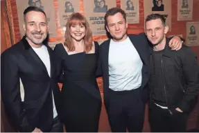 ?? ALEX J. BERLINER/ABIMAGES ?? Producer David Furnish, from left, Bryce Dallas Howard (who plays Sheila Eileen), Taron Egerton (Elton John) and Jamie Bell (Bernie Taupin).
