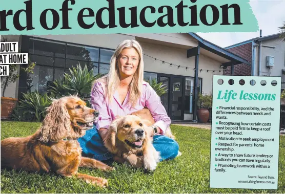  ?? Source: Beyond Bank, womentalki­ngfinance.com.au ?? Nursing graduate Lulu Tierney, 22, with dogs Coco and Honey, will start paying her parents $100-a-week board as she enters the workforce full time. Picture: Tom Huntley