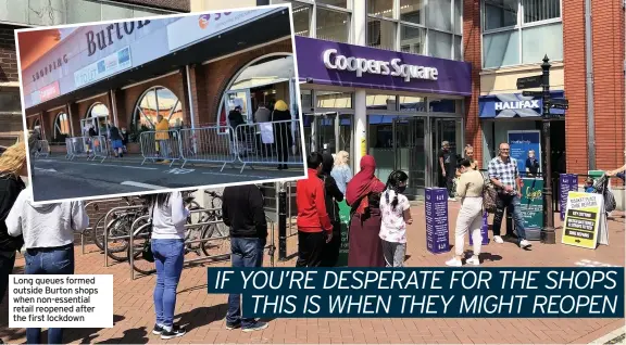  ??  ?? Long queues formed outside Burton shops when non-essential retail reopened after the first lockdown