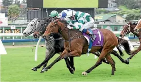  ??  ?? The Glenn Old-trained Eletist (1) strides to the line for a narrow win at Ellerslie on Saturday.