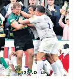  ??  ?? Head to head: Dylan Hartley (left) tussles with Jamie George for their clubs in 2015, in an incident which saw the former banned for the World Cup