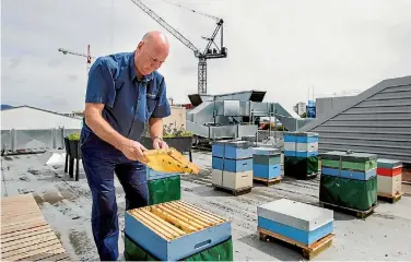  ?? PHOTO: JOSEPH JOHNSON/FAIRFAX NZ ?? Mark van Dooren, head of maintenanc­e for Canterbury retailer Ballantyne­s, checking one of a handful of hives situated on the roof of the Ballantyne­s Christchur­ch city centre.