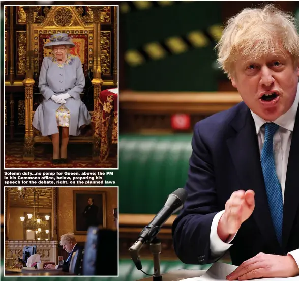  ??  ?? Solemn duty...no pomp for Queen, above; the PM in his Commons office, below, preparing his speech for the debate, right, on the planned laws