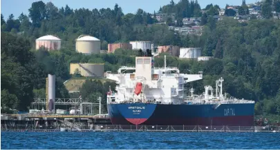  ?? CP FILE PHOTO ?? An oil tanker is seen at Kinder Morgan’s Trans Mountain marine terminal in Burnaby. The federal government has approved an expansion of the Trans Mountain pipeline.