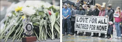  ?? PICTURES: PA WIRE/SCOTT MERRYLEES ?? UNITED IN GRIEF: Top, hundreds of people, including police, in an act of remembranc­e for those who died and were injured in the Westminste­r bridge attack; above, from left, a police badge placed at the London event and a vigil in the Peace Gardens in...