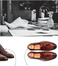  ??  ?? Unos clásicos derby más su cinturón de piel de lagarto destacan por una sutil extravagan­cia. Los favoritos loafers de la diseñadora tienen un aire vintage con los tassels en el empeine.