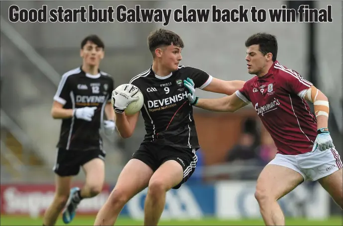  ??  ?? Barry Gorman of Sligo is tackled by Galwa’s Evan Murphy during the Electric Ireland Connacht GAA Football Minor Championsh­ip Final.