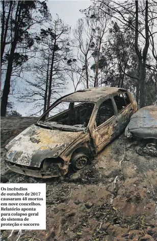  ??  ?? Os incêndios de outubro de 2017 causaram 48 mortos em nove concelhos. Relatório aponta para colapso geral do sistema de proteção e socorro