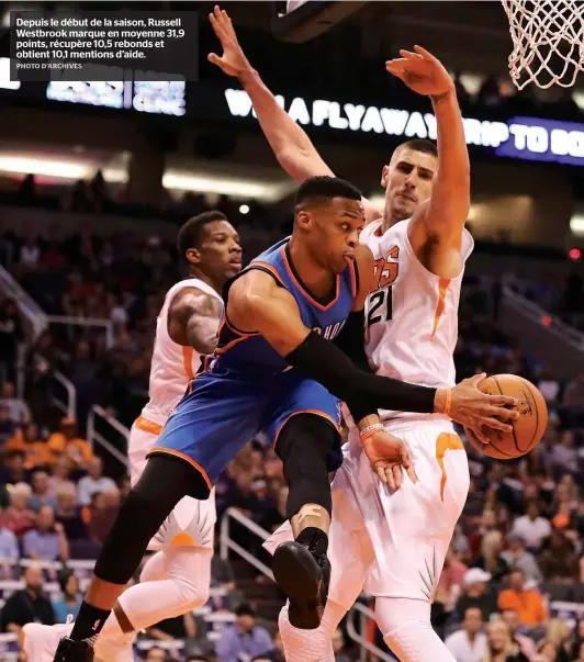  ??  ?? Depuis le début de la saison, Russell Westbrook marque en moyenne 31,9 points, récupère 10,5 rebonds et obtient 10,1 mentions d’aide.