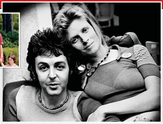  ?? ?? WINGS OF LOVE: Paul and Linda pictured in 1973 after a performanc­e in Liverpool and, inset, with their children the previous year