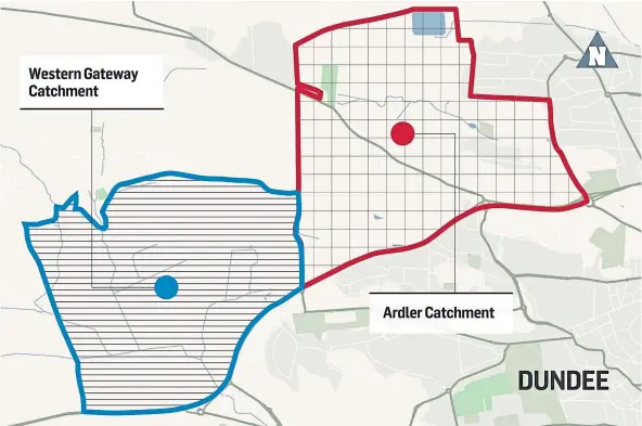  ?? ?? A map shows the proposed catchment areas for the new Western Gateway school and Ardler Primary in the west of Dundee.