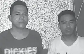  ?? / ARNOLD Y. BUSTAMANTE & LABANGON POLICE ?? ■ NADAKPAN: Sila si Rico Acosta (wala) ug Mark Vergara (tuo) unang nadakpan sa kapulisan samtang mitahan si Pepe Acosta (tuo nga hulagway) niadtong Miyerkules sa gabii. Sila ang mga suspek sa pagtulis sa usa ka head guard niadtong Martes sa Barangay Tisa, Dakbayan sa Sugbo.