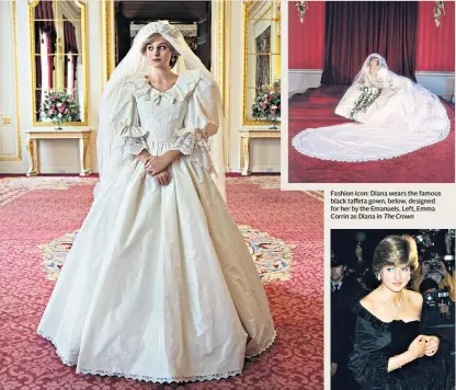  ??  ?? Tribute: Diana and Charles’s wedding, below, and the design by David and Elizabeth Emanuel