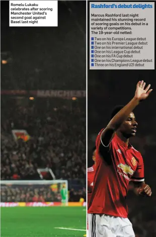  ??  ?? Romelu Lukaku celebrates after scoring Manchester United’s second goal against Basel last night