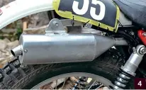  ??  ?? 4: An alloy repackable rear silencer is a good addition, two-stokes rely on correct exhaust packing to provide the right amount of back pressure to the system, the thing is it burns off and needs replacing. 4