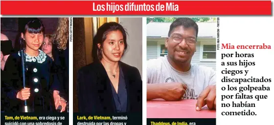  ??  ?? Tam, de Vietnam, era ciega y se suicidó con una sobredosis de drogas tras una violenta pelea con su madre, en 2000. Lark, de Vietnam, terminó destruida por las drogas y murió de sida, sumida en la pobreza, en 2008. Thaddeus, de India, era parapléjic­o a...