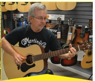  ?? (Photo by Charlie Benton, SDN) ?? Backstage Music partner Tony Foster plays a guitar in Backstage Music. The store was honored by NAMM (National Associatio­n of Music Merchants) as one of the top 100 in the world for 2017.