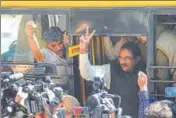  ?? KESHAV SINGH/HT ?? INLD leader Abhay Chautala and others in Chandigarh after being released from the Patiala jail on Monday.